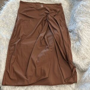 Solid Brown Swim Sarong Skirt Midi Length Slit Fixed Knot Medium Beach Coverup